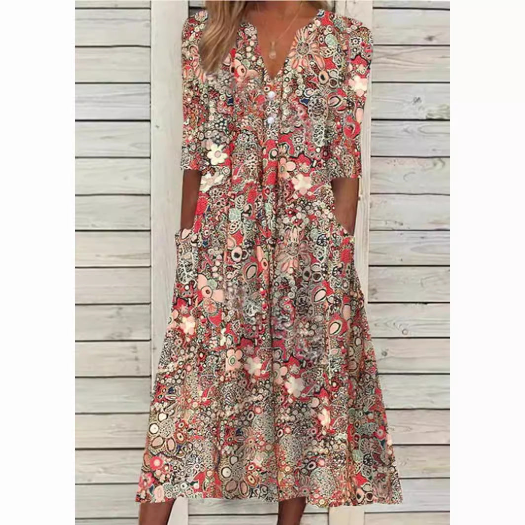 Red floral paisley summer dress with V-neck and three-quarter sleeves