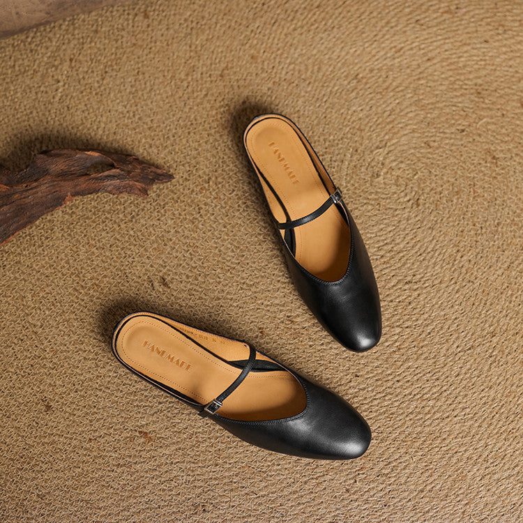 Black genuine leather mule with T-strap and low block heel
