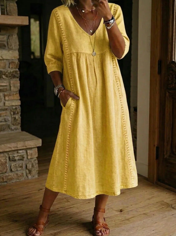 Yellow maxi dress with ruched V-neck, 3/4 sleeves, gathered waist