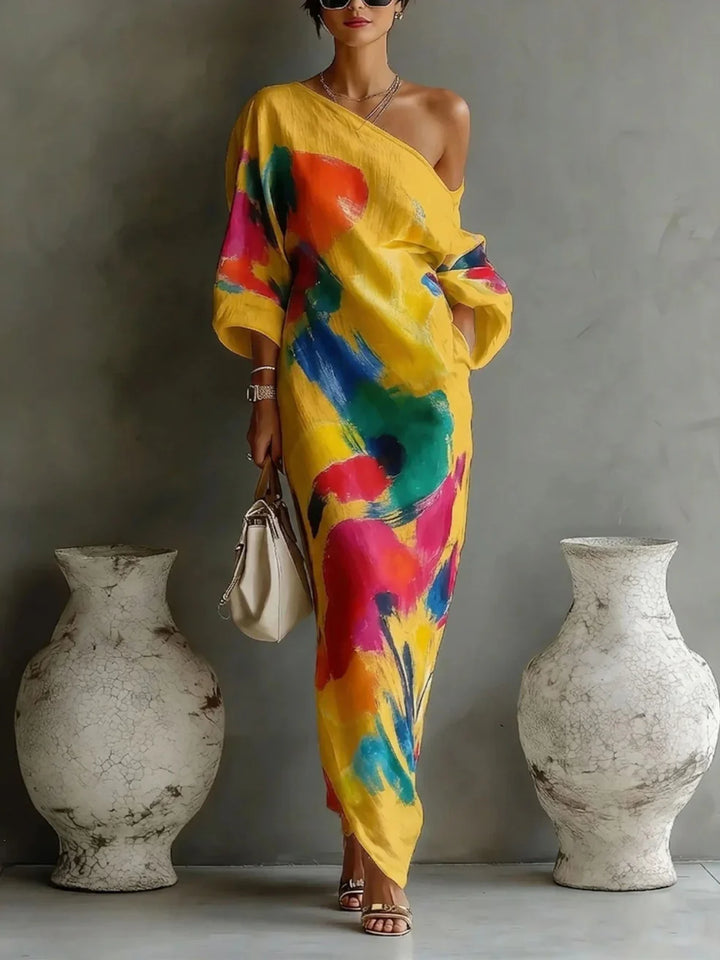 Danella™ one-shoulder maxi dress in yellow with multicolor abstract paint print, draped sleeve