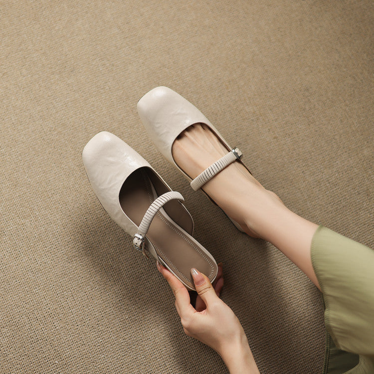 Beige leather Mary Jane mule with elastic strap and buckled detail, low block heel