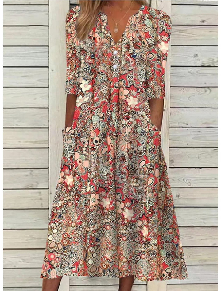 Red floral printed midi dress with V-neck and three-quarter sleeves