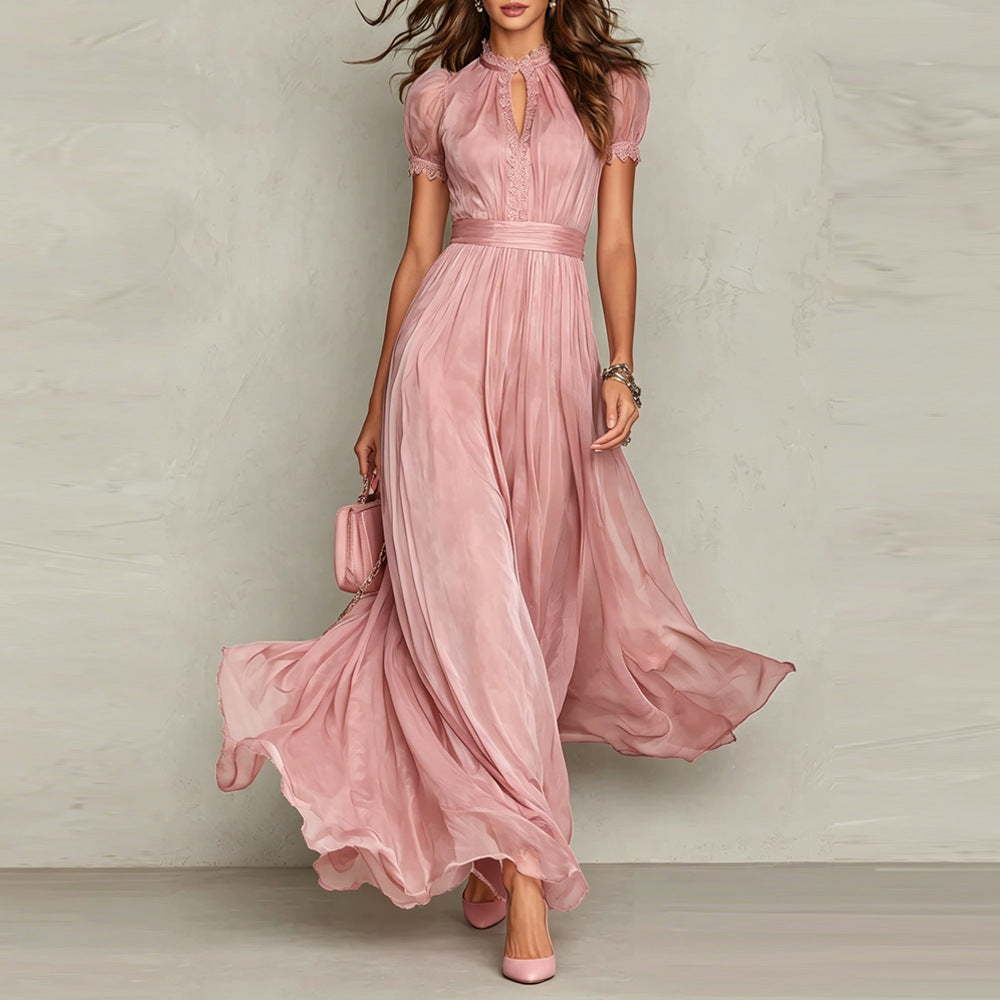 Pink chiffon maxi dress with puff sleeves and keyhole neckline, pleated empire waist, flared skirt