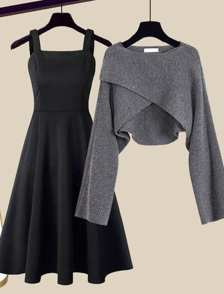 Amberly™ elegant dress set: dark gray fit-and-flare sleeveless dress with ruffle top