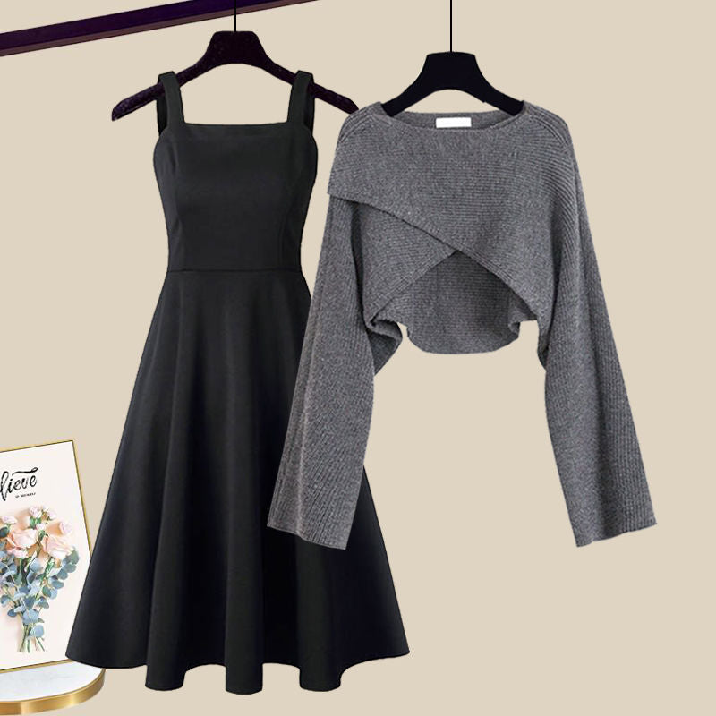 Amberly™ elegant dress set: dark gray fit-and-flare sleeveless dress with ruffle top