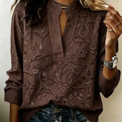 Chocolate brown embroidered popover blouse with V-neck and 3/4 sleeves, vine floral embroidery