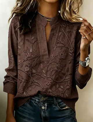 Chocolate brown embroidered popover blouse with V-neck and 3/4 sleeves, vine floral embroidery