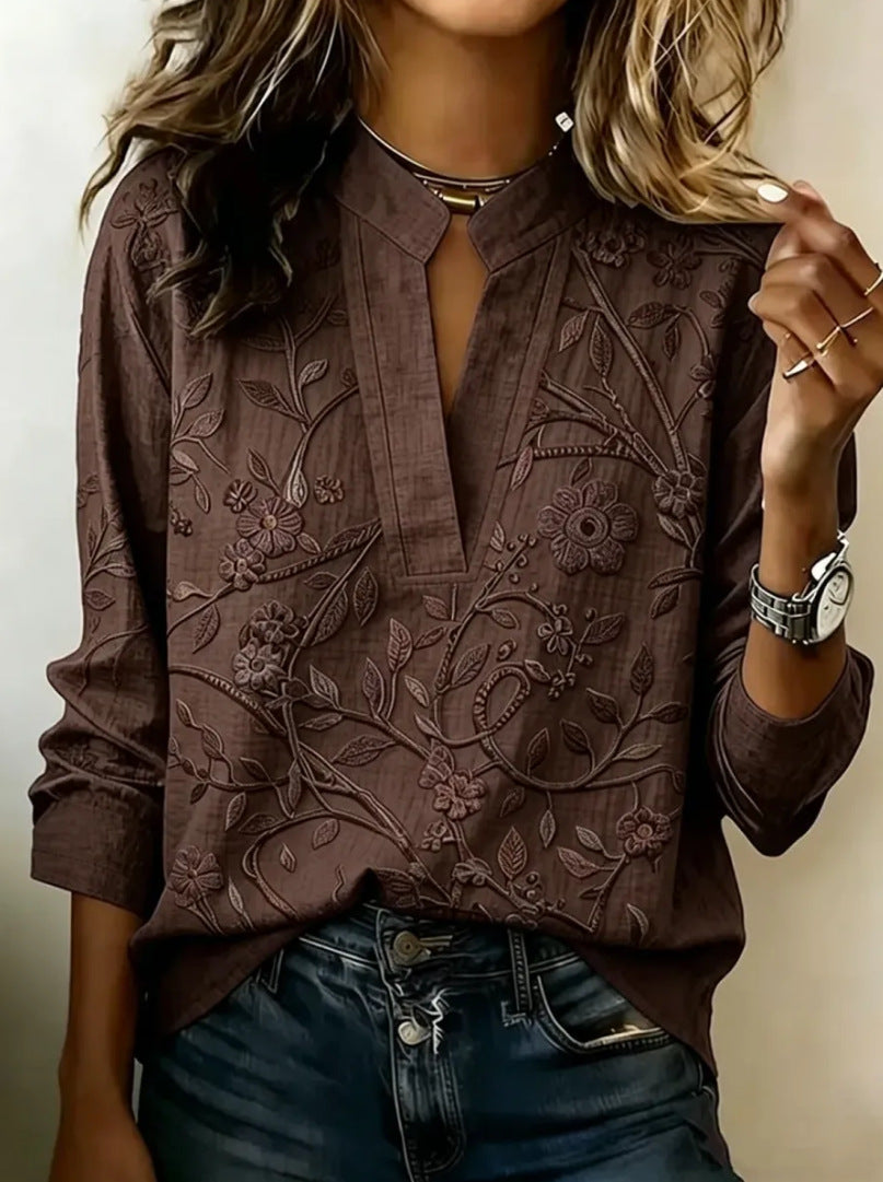 Chocolate brown embroidered popover blouse with V-neck and 3/4 sleeves, vine floral embroidery