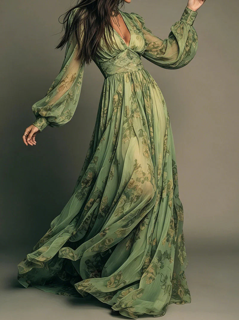 Green floral maxi dress with gathered V-neck and long sheer puff sleeves