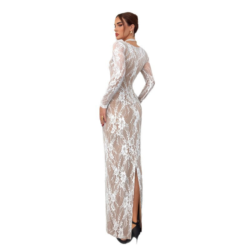 White lace long-sleeve maxi dress with open back and high slit