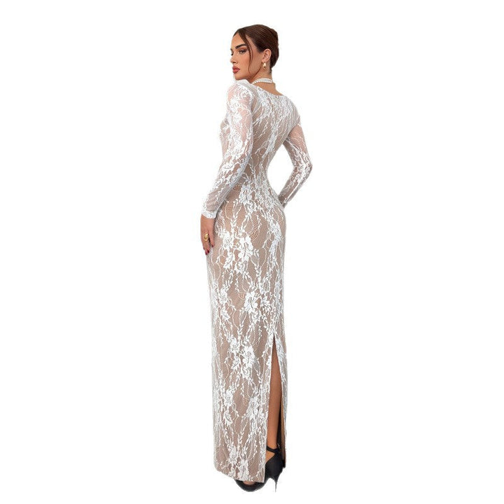White lace long-sleeve maxi dress with open back and high slit