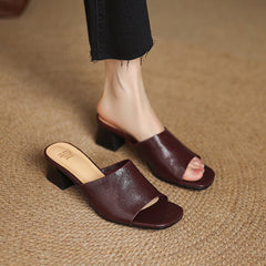 Maroon genuine leather mule sandals, open toe, slip-on design with low block heel