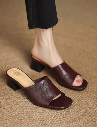 Maroon genuine leather mule sandals, open toe, slip-on design with low block heel