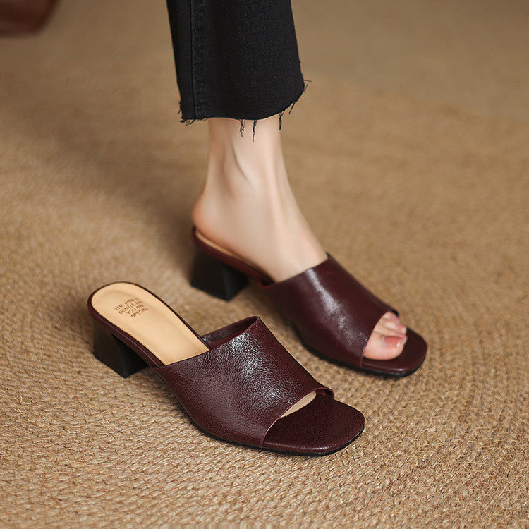 Maroon genuine leather mule sandals, open toe, slip-on design with low block heel