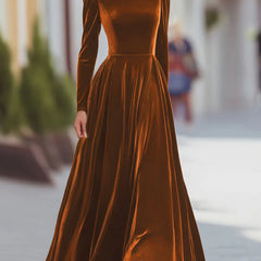 Orange velvet dress with high neck, long sleeves, fitted bodice, flared skirt