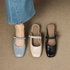 Set of Mary Jane leather mules in light, beige, and black with ankle straps