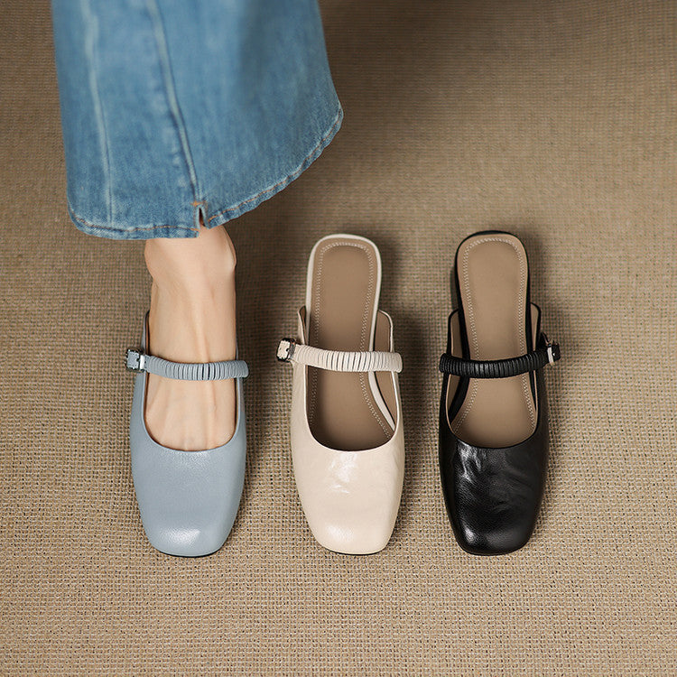 Set of Mary Jane leather mules in light, beige, and black with ankle straps