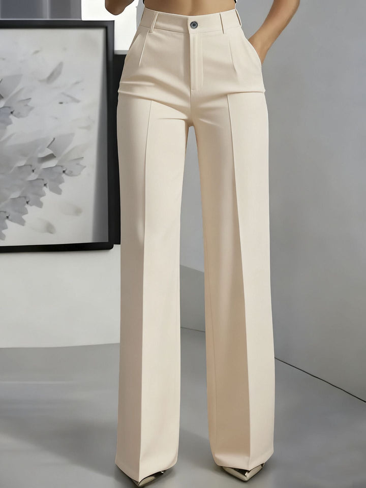 High-waisted straight-leg trousers in beige, button closure, straight legs.