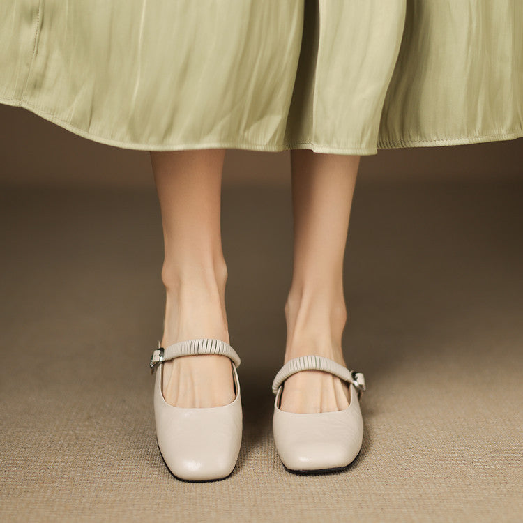 Pair of cream Mary Jane leather mules with elastic-look strap and metal buckle
