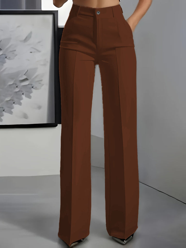 High-waisted straight-leg trousers in brown, button closure, straight legs.