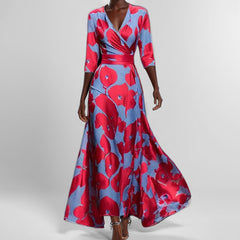Wrap maxi dress, red and blue floral print, V-neck, 3/4 sleeves