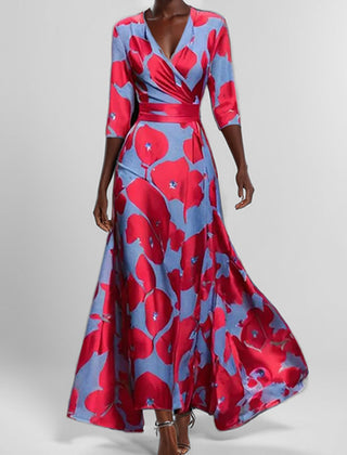 Wrap maxi dress, red and blue floral print, V-neck, 3/4 sleeves