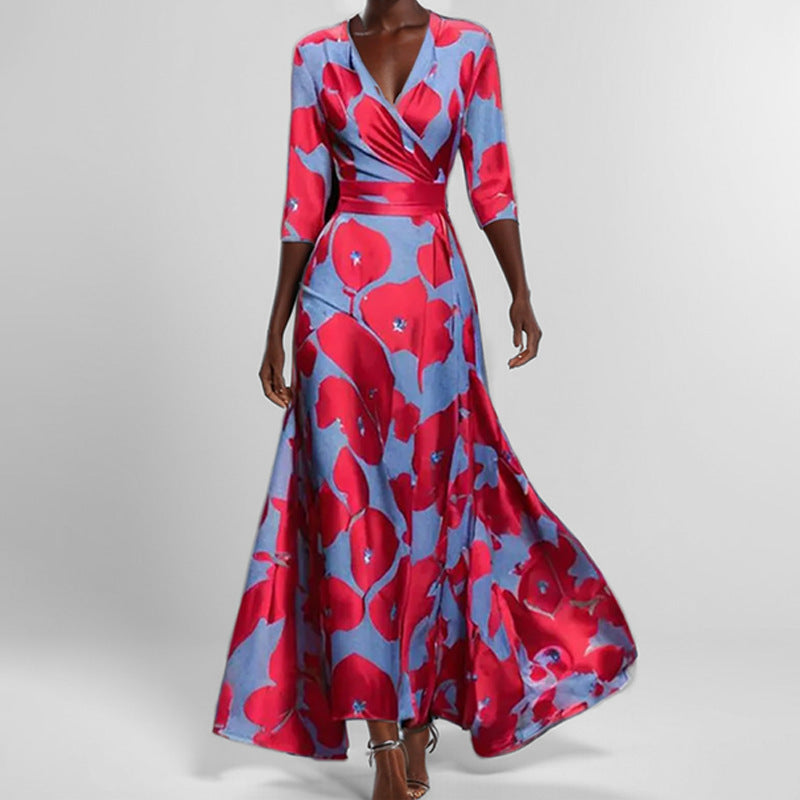 Wrap maxi dress, red and blue floral print, V-neck, 3/4 sleeves