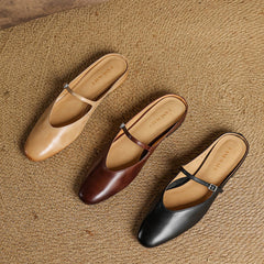 Genuine leather mules set with tan, brown, and black slip-on flats and buckles