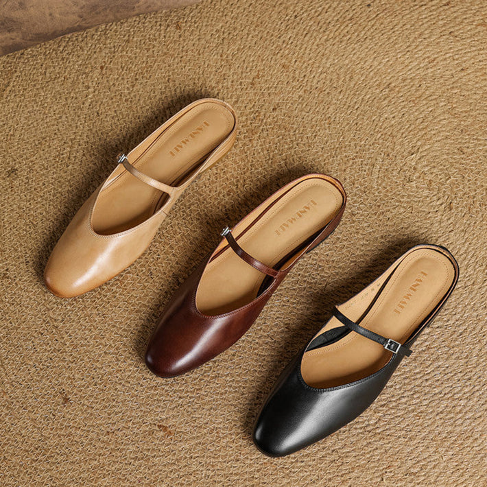 Genuine leather mules set with tan, brown, and black slip-on flats and buckles
