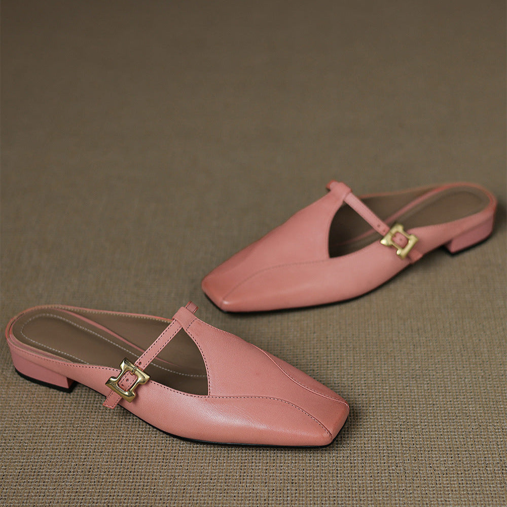 Pink leather mule slides with open back and gold buckle sling strap, low block heel