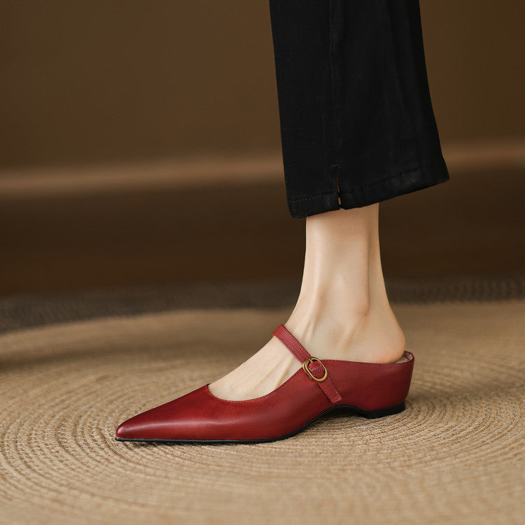 Maroon leather mules featuring pointed toe, slingback strap, and low block heel