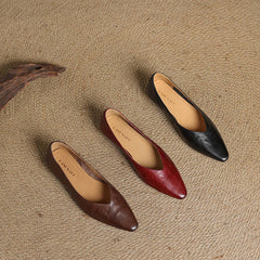 Leather pointed-toe mules in brown, maroon, and black with slip-on V-cut fronts.