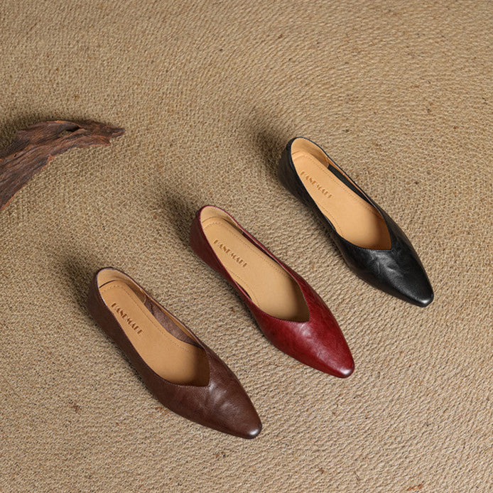 Leather pointed-toe mules in brown, maroon, and black with slip-on V-cut fronts.