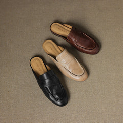 Set of leather mules in brown, beige, and black, square-toe slip-on with vamp strap