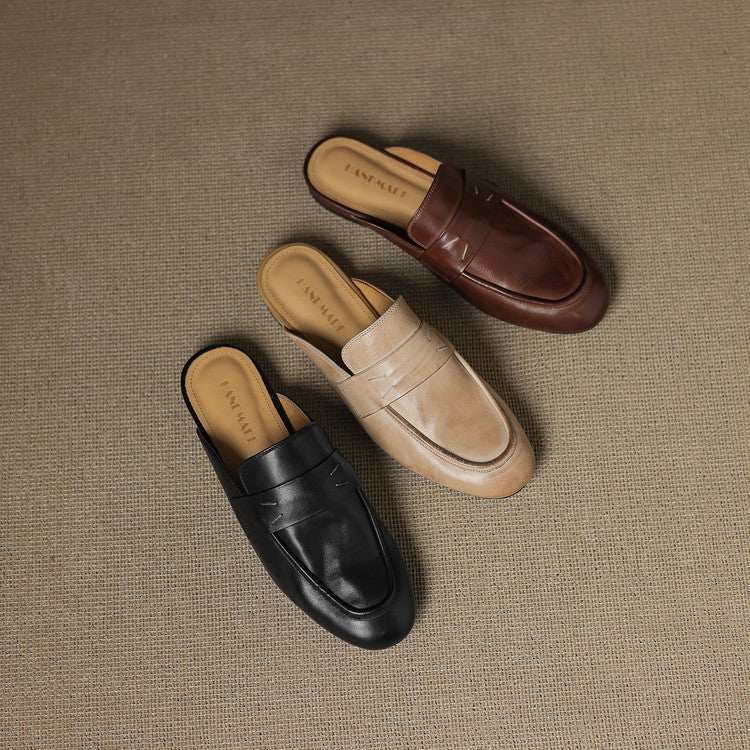 Set of leather mules in brown, beige, and black, square-toe slip-on with vamp strap