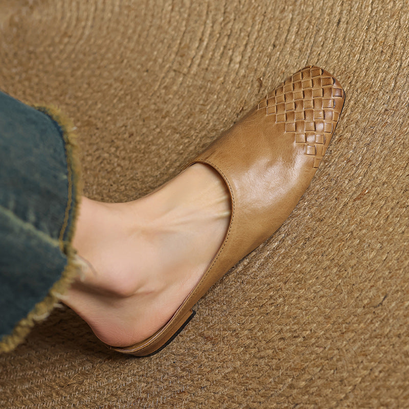 Tan genuine leather mules with woven square-toe pattern and open back