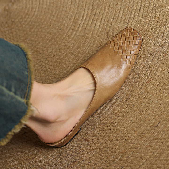 Tan genuine leather mules with woven square-toe pattern and open back