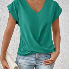 Women's green V-neck T-shirt with short sleeves and front twist drape.