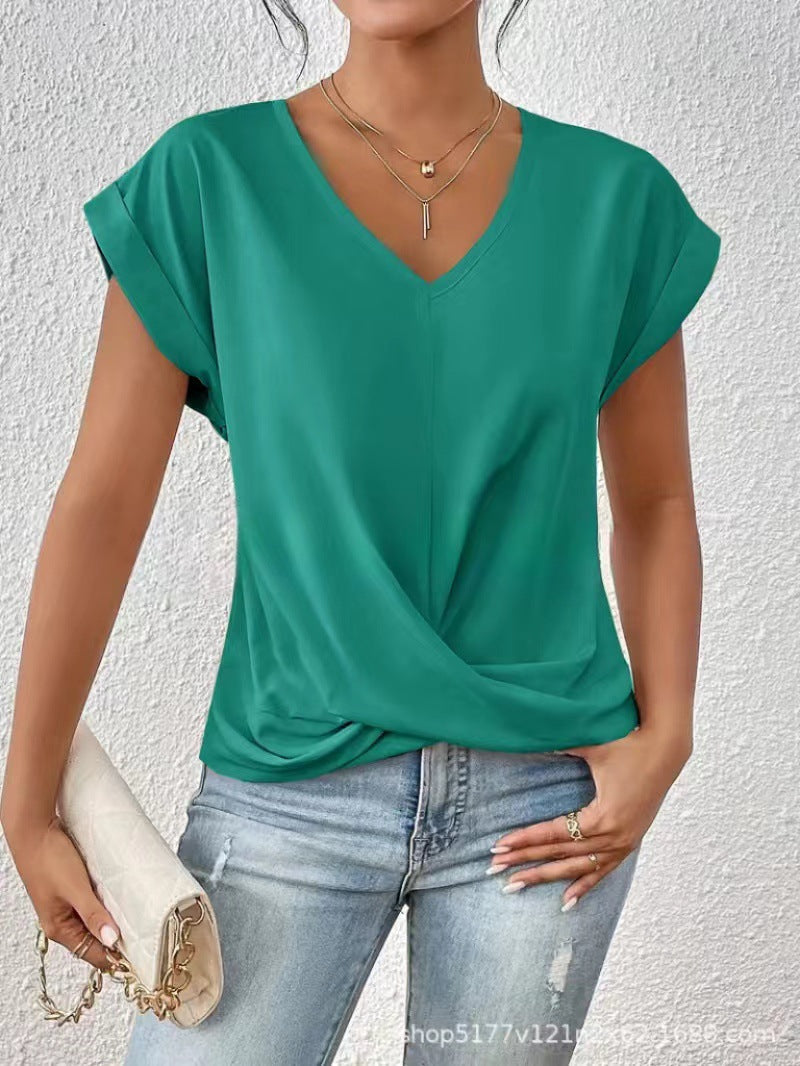 Women's green V-neck T-shirt with short sleeves and front twist drape.