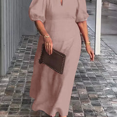 Khaki puff-sleeve midi dress with keyhole neckline and subtle front seam detail