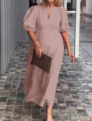 Khaki puff-sleeve midi dress with keyhole neckline and subtle front seam detail