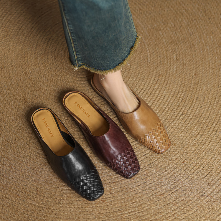 Genuine leather mules in black, burgundy, and tan, woven square-toe slip-ons
