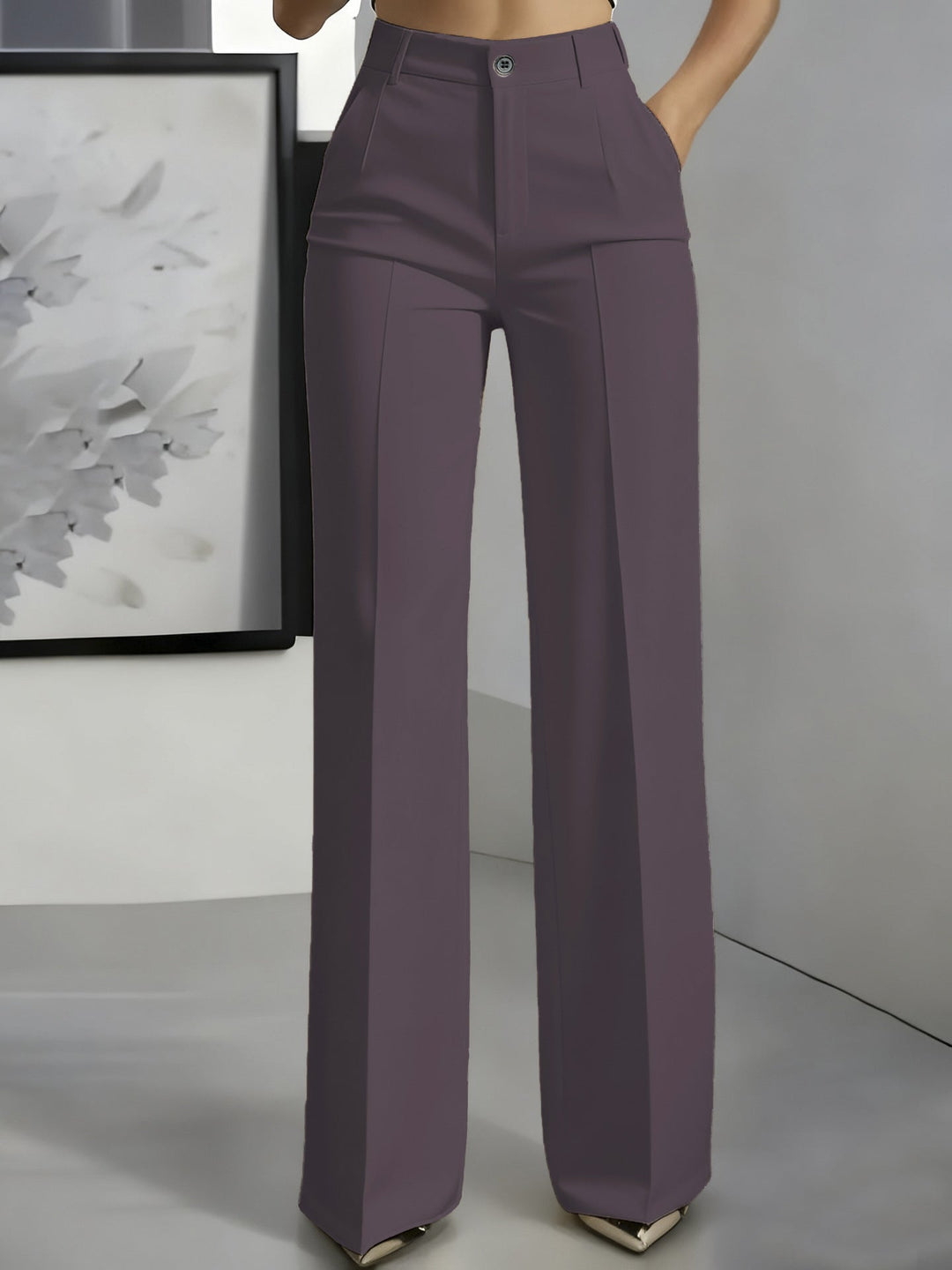 Plum purple high-waisted straight-leg trousers with front button and pressed creases