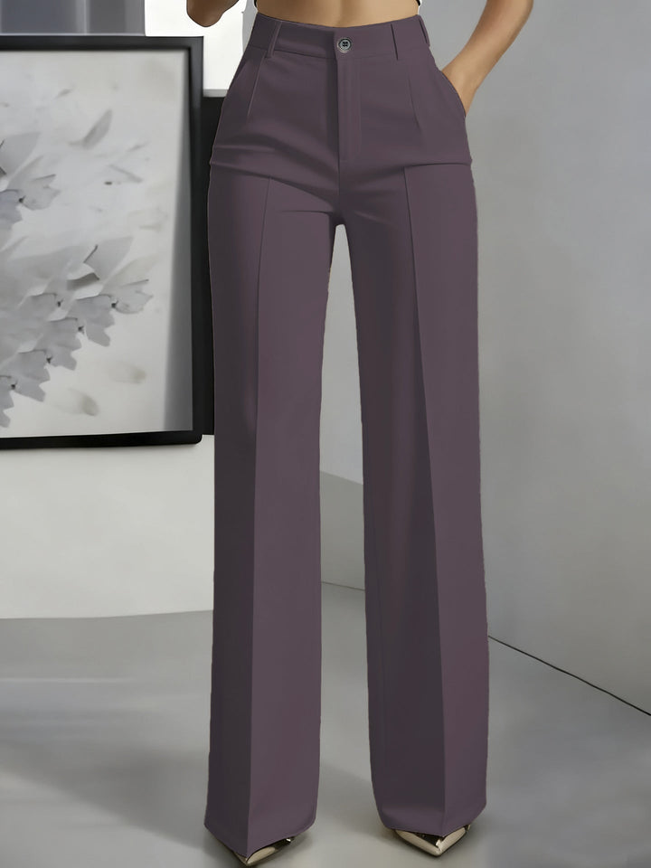 Plum purple high-waisted straight-leg trousers with front button and pressed creases