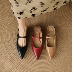 Genuine leather mules with pointed toe and slingback strap, maroon, black, and apricot.