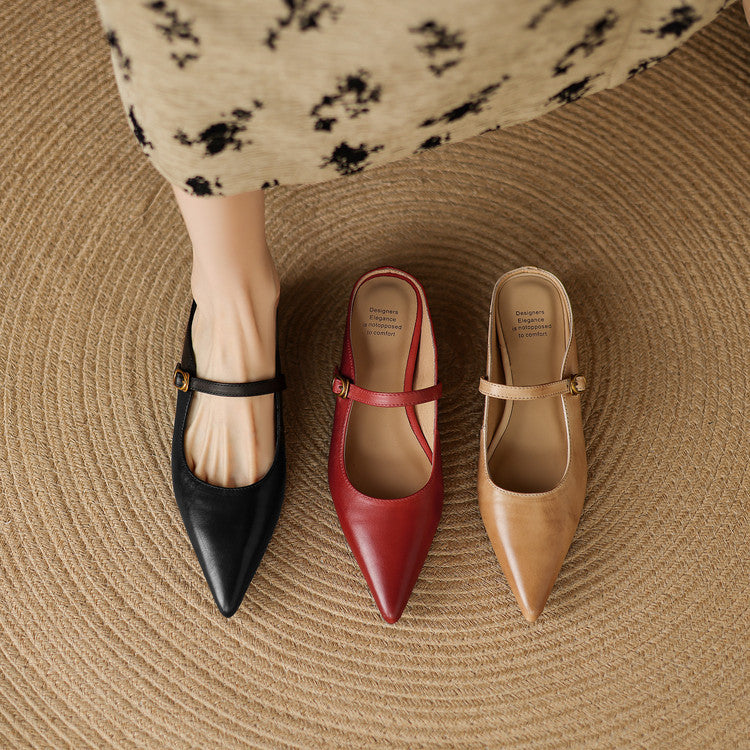 Genuine leather mules with pointed toe and slingback strap, maroon, black, and apricot.