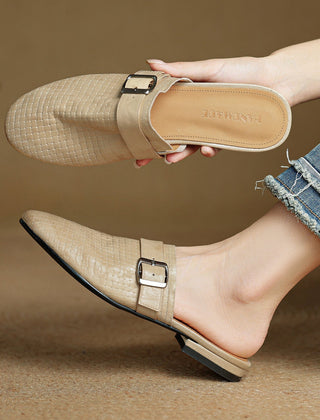 Beige leather mule with square toe and adjustable buckle strap, low heel
