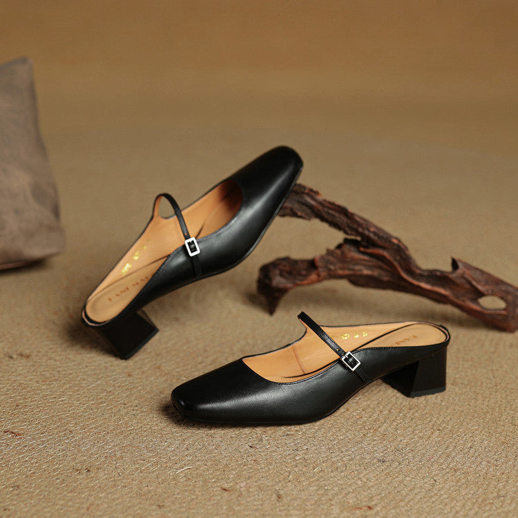 Esmer genuine leather mules in black, square toe and T-strap with low block heel