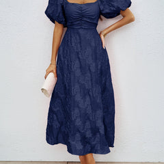 Navy off-shoulder midi dress with puff sleeves and fitted bodice