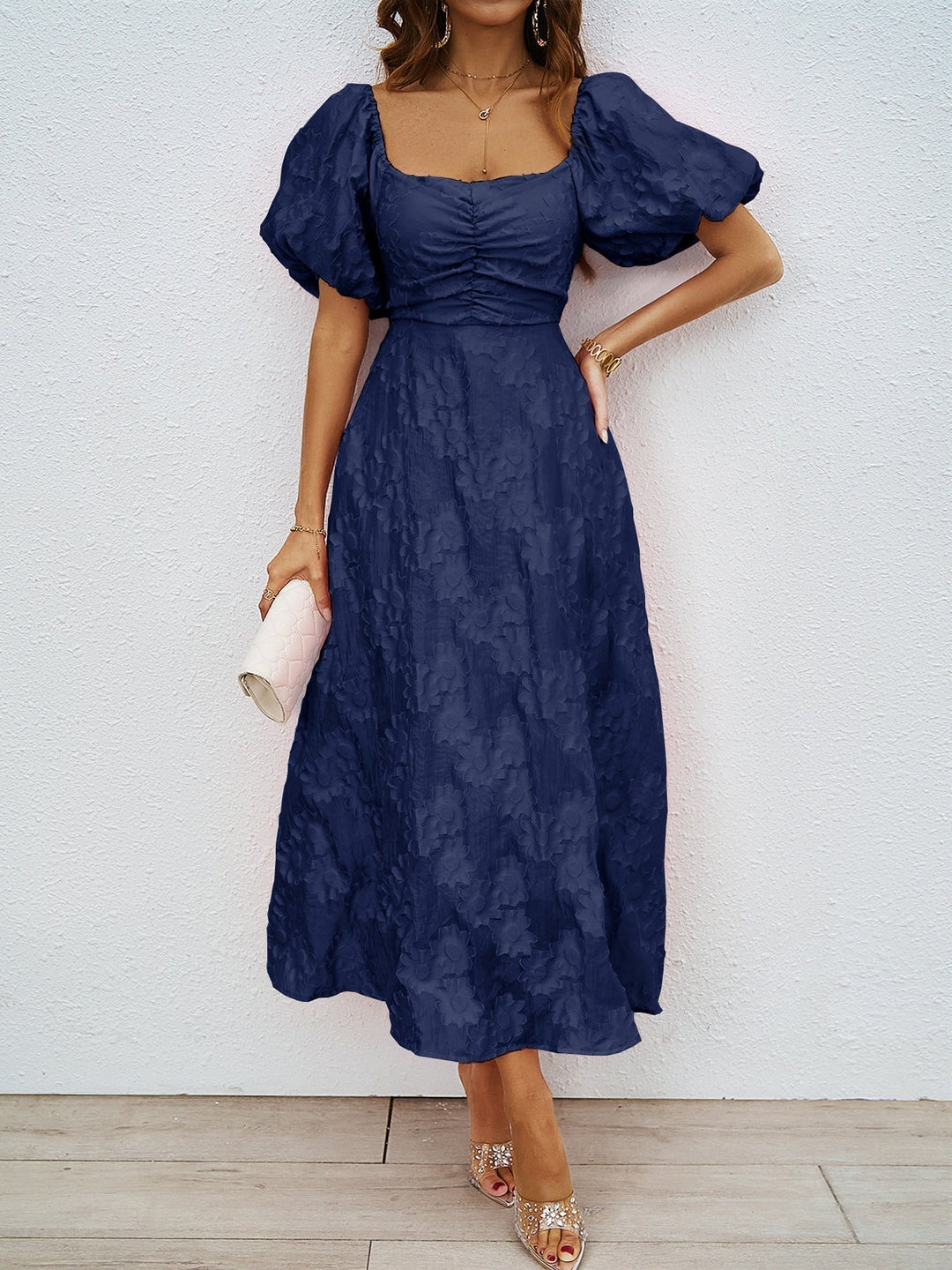 Navy off-shoulder midi dress with puff sleeves and fitted bodice
